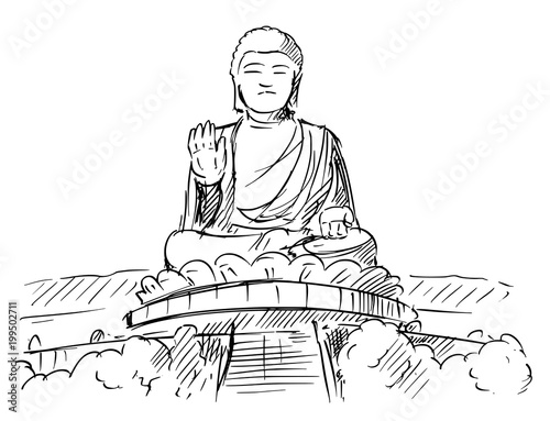 Cartoon sketch drawing illustration of Tian Tan or Big Buddha statue, Ngong Ping, Lantau Island, Hong Kong.