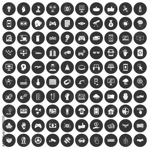 100 hi-tech icons set black circle