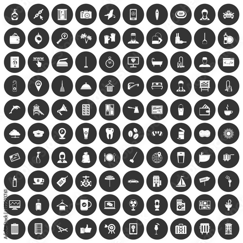 100 hotel services icons set black circle