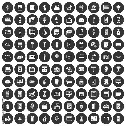 100 interior icons set black circle