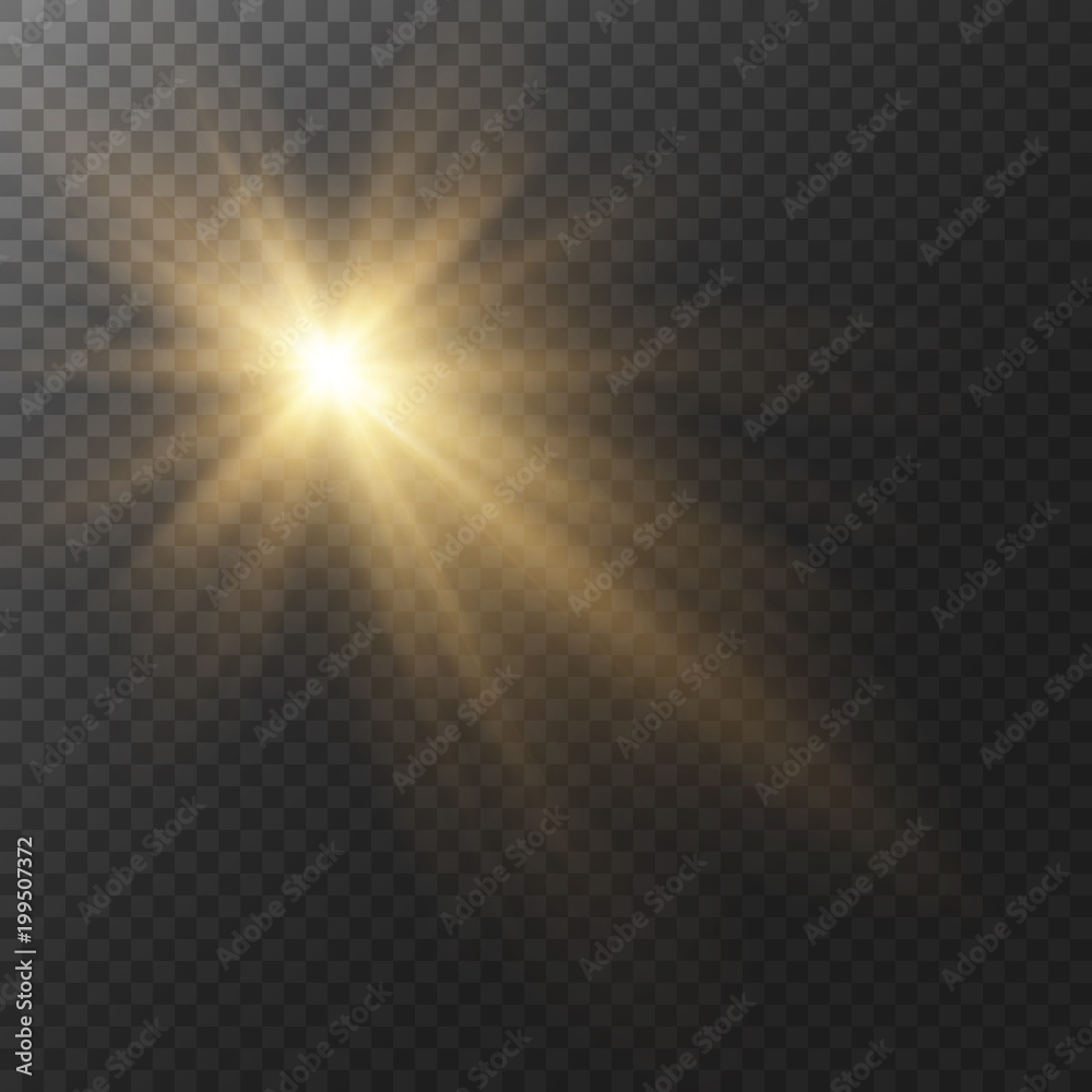 Yellow glow light effect. Star burst with sparkles. Sun with rays and glow on transparent background. Vector illustration