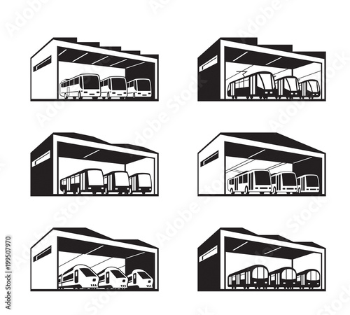 Depot for various types of public transport - vector illustration