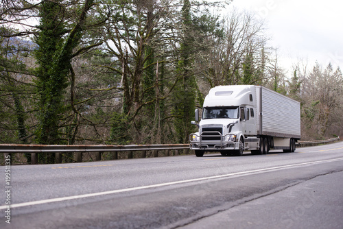 Modern white big rig semi truck transporting reefer semi trailer with commercial cargo on the road with forest