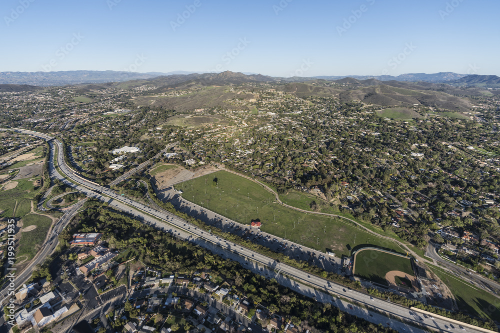 Aerial view of homes, parks and Route 23 Freeway near Los Angeles in suburban Thousand Oaks, California.  