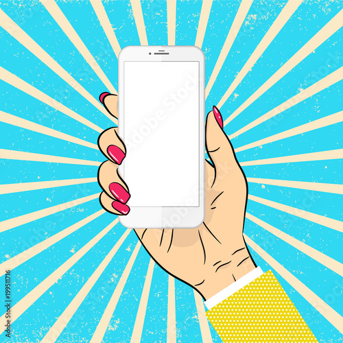 Female hand in yellow jacket with phone pop art vector illustration. Imitation of the style of comics. Colorful background - illustration