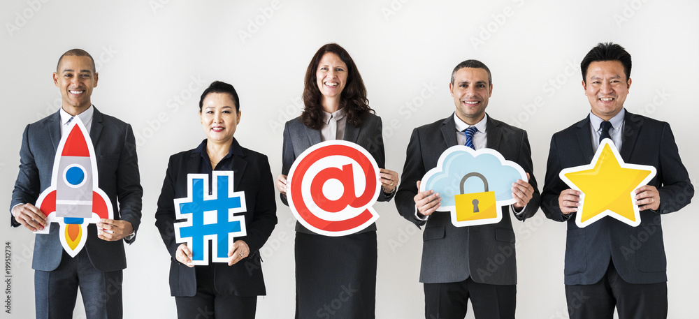 Obraz premium Business people standing and holding icons