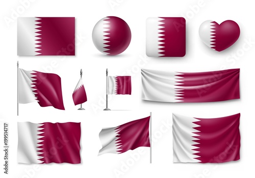 Set Qatar flags, banners, banners, symbols, flat icon. Vector illustration of collection of national symbols on various objects and state signs