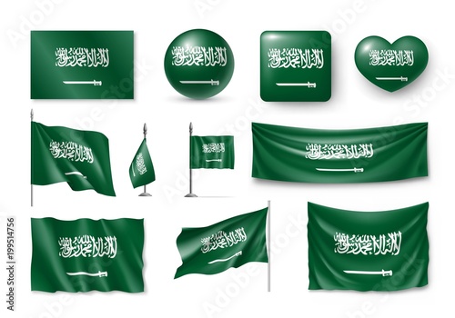 Set Saudi Arabia flags, banners, banners, symbols, flat icon. Vector illustration of collection of national symbols on various objects and state signs