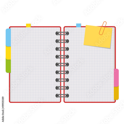 Open notepad with clean sheets on a spiral with bookmarks between the pages. Colorful flat vector illustration isolated on white background. With space for text or image.