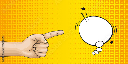 Hand points a finger at a bubble speach