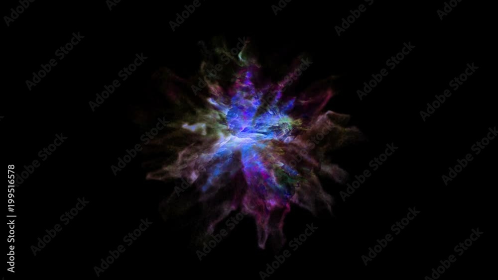 Color 3D smoke explosion shockwave effect and divergent wave isolated on black background. Colorful abstract smoke explosion animation. Top camera view from above. There is an alpha channel