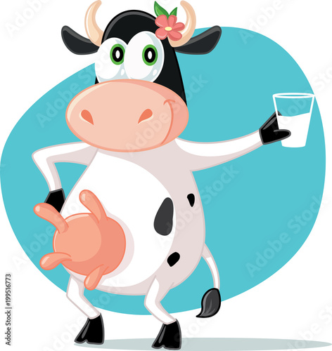 Cartoon Mascot Cow Holding a Glass of Milk