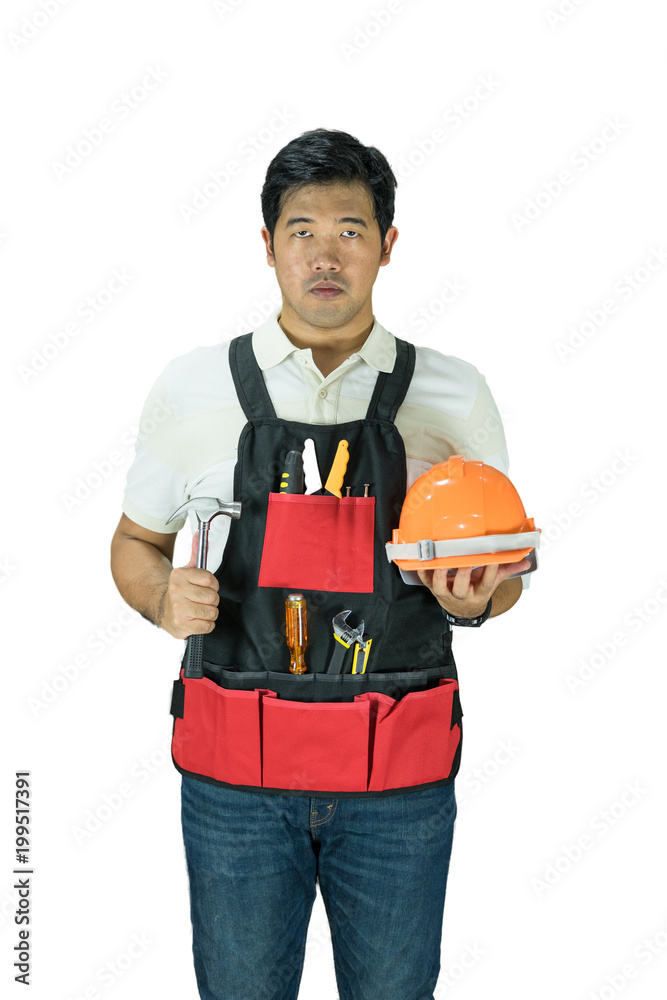 locksmith portrait and hold hammer and safety helmet isolate locksmith portrait and hold hammer and safety helmet isolate