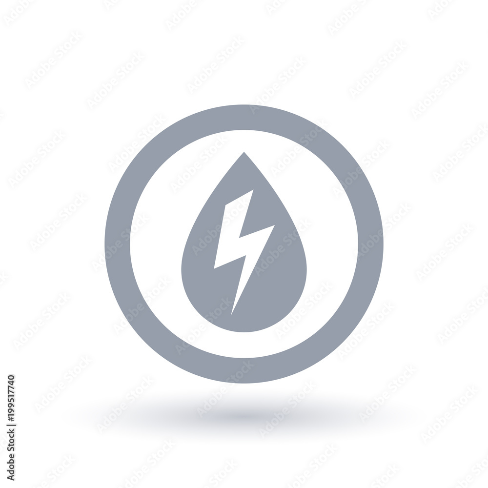 Hydro electricity icon. Water drop with energy bolt symbol in circle outline. Hydro power sign. Vector illustration. Hydro electricity icon. Water drop with energy bolt symbol in circle outline. Hydro power sign. Vector illustration.