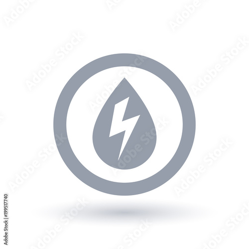 Hydro electricity icon. Water drop with energy bolt symbol in circle outline. Hydro power sign. Vector illustration.