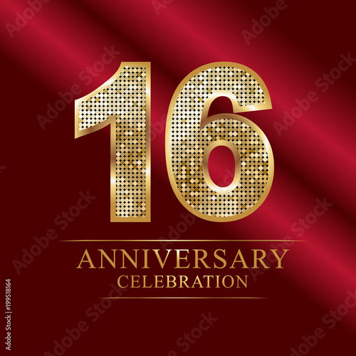 Golden shiny mosaic in disco ball style. 16th anniversary logo. Vector abstract background. 