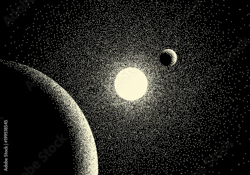 Space landscape with scenic view on planet and stars made with retro dotwork style
