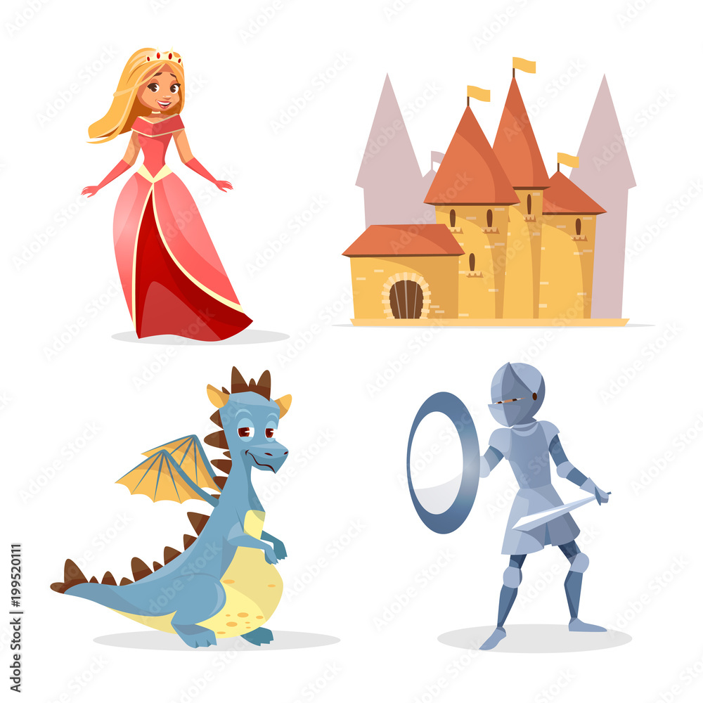 Vector cartoon medieval fairy tale characters, creatures castle set.  Illustration fantasy knight armor shield sword, cute mythical dragon,  beautiful princess lady in dress crown, kingdom fort building Stock Vector  | Adobe Stock