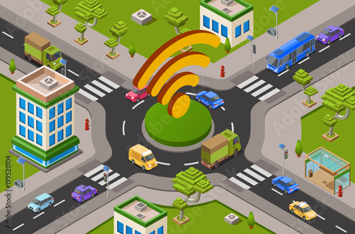 Smart city transport and wifi technology isometric 3D vector illustration of urban traffic crossroad and wi-fi icon. Isometric cars, public transport or buildings and wireless smart technology