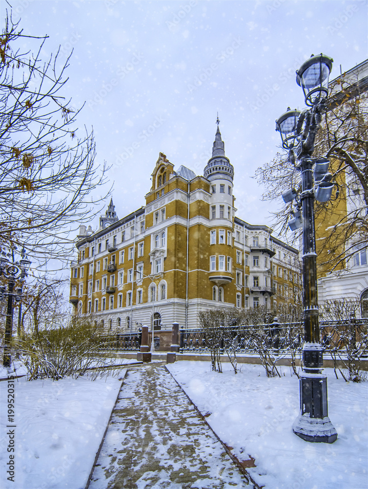 Moscow landmark, winter alley of old park
