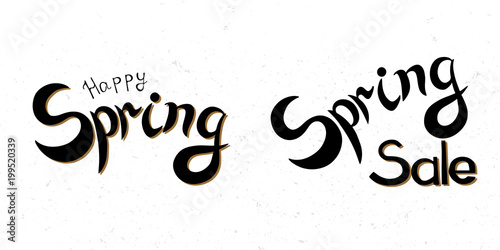 Message Spring sale and Heppy Spring. Black hand lettring on white background. It is a hand drawn. Set od lettering for banner, logo, flayer, label, icon, badge, sticker. Vector illustration EPS 10