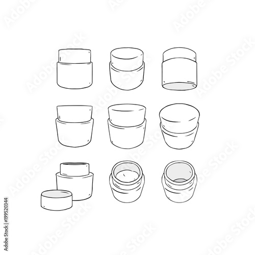 Hand drawn vector illustration of blank template packaging pot front back profile side view set on white background. White plastic cosmetic jar product.