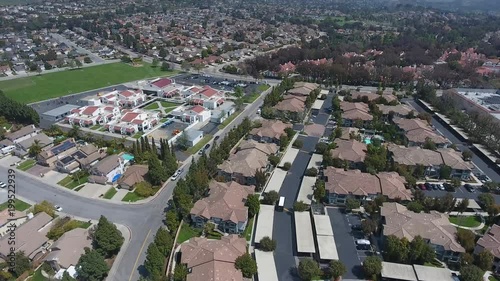 Southern California modern day neighborhood Aerial Flyover photo