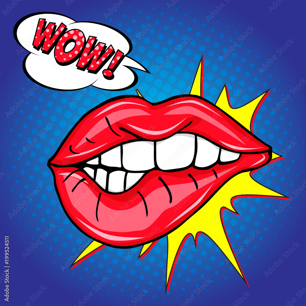 Sweet sexy pop art Pair of Glossy Vector Lips. Open Sexy wet red lips with  teeth pop art set blue backgrounds, vector illustration, pattern, wow  lettering Stock Vector | Adobe Stock