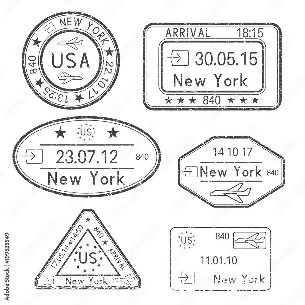Passport stamps. Arrival to New York, USA. Black set of ink stamps