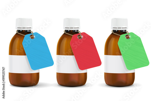 Brown plastic bottles with colored paper tags. Blank title shield