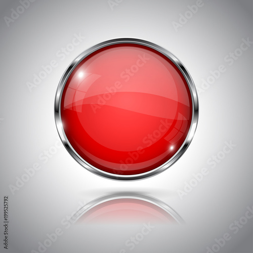 Free Download Red button with chrome frame. Round glass shiny 3d icon - GFXLoad