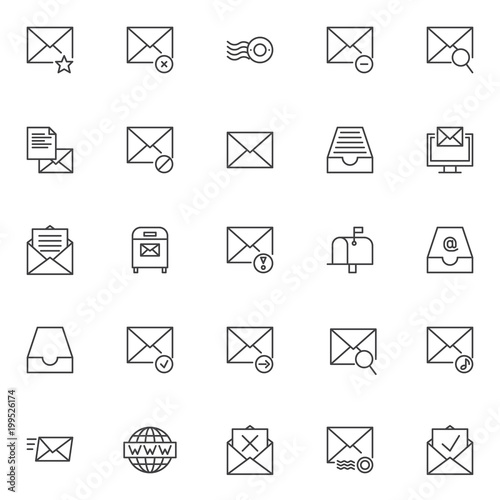 Mail universal outline icons set. linear style symbols collection, line signs pack. vector graphics. Set includes icons as Favorite email, Not delivered, Post rubber stamp, Mail remove , Post message