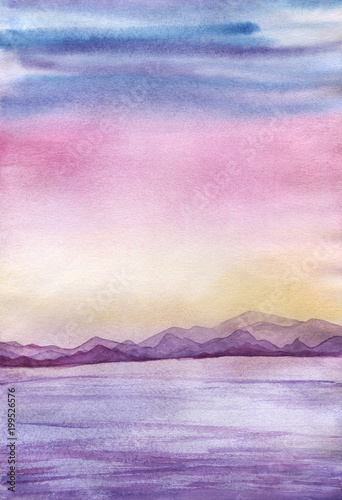Sunset landscape with sea and mountains, in a pink, blue, yellow, violet, lilac pastel background colors. Hand drawn real watercolor illustration.