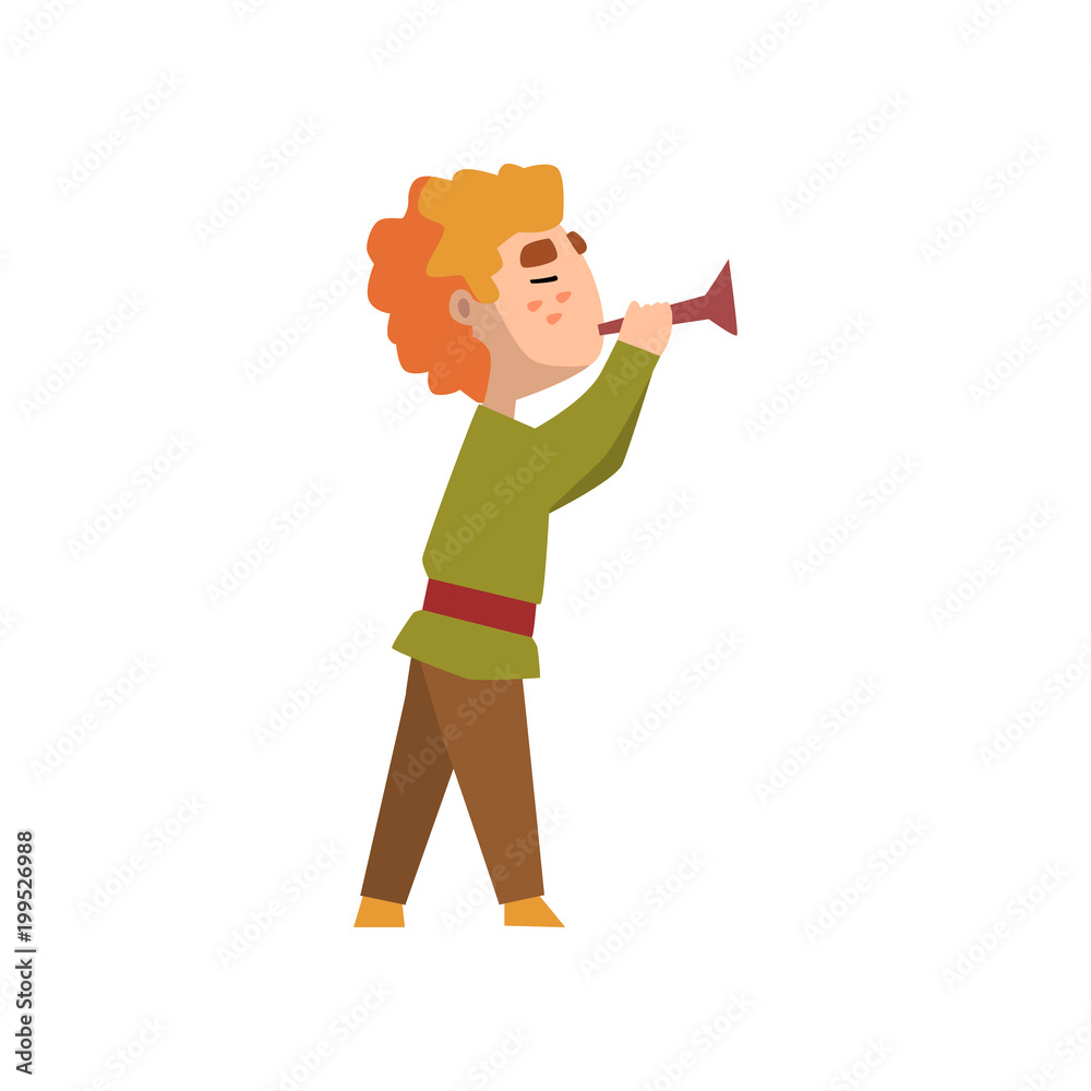 Man in medieval clothes blowing trumpet vector Illustration on a white background Man in medieval clothes blowing trumpet vector Illustration on a white background