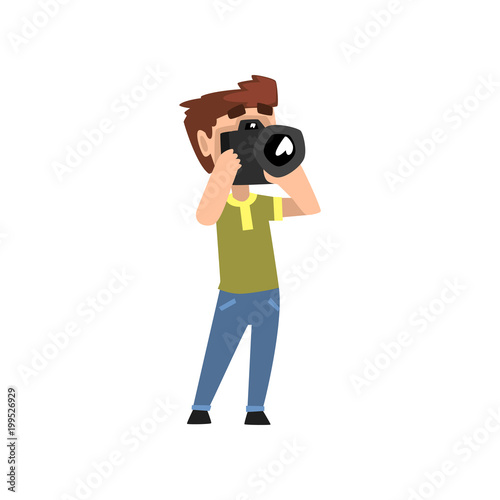 Male photographer character with photo camera hobby or profession vector Illustration on a white background