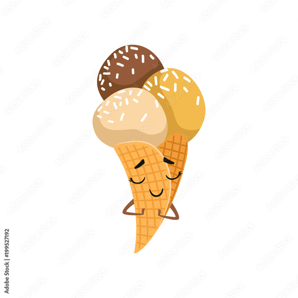 Adorable cartoon ice-cream in waffle cone. Delicious food. Sweet frozen  dessert with cute face and little hands. Flat vector Stock Vector | Adobe  Stock