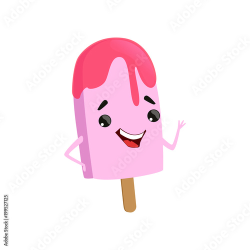 Friendly humanized ice-cream waving hand. Cartoon character of frozen dessert with pink glaze on wooden stick. Sweet food. Flat vector