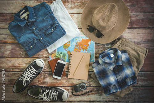 Traveler items vacation travel accessories holiday long weekend  day off travelling stuff background concept style Overhead flat  choice guide idea for planning travel around the world   