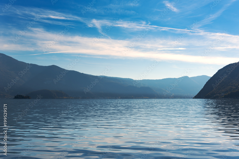 Iseo lake in morning time, Lombardy, Italy.