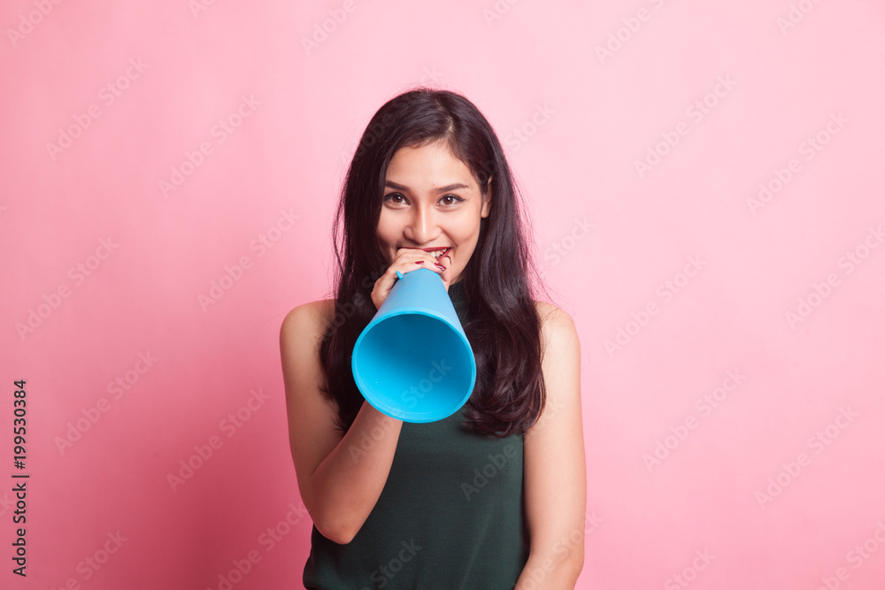 Beautiful young Asian woman announce with megaphone. Beautiful young Asian woman announce with megaphone.