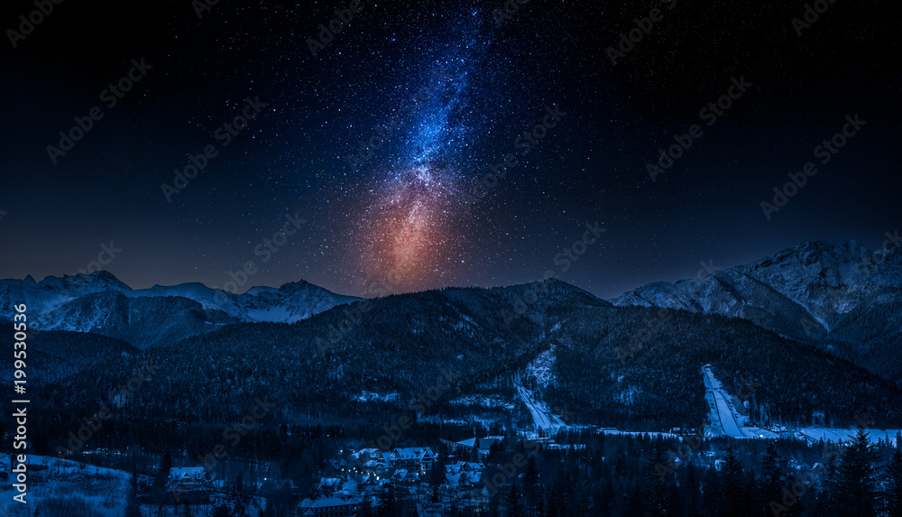 Zakopane in winter at night with milky way, Tatras mountains - obrazy, fototapety, plakaty 