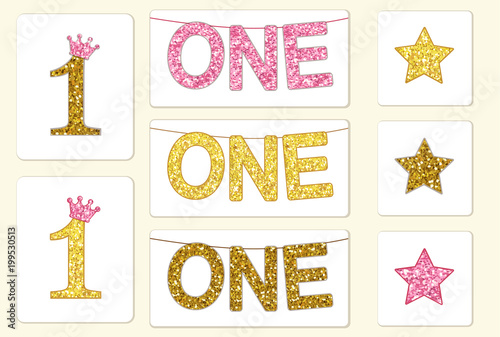 Cute vintage golden glitter number one with crown and bunting with word ONE
