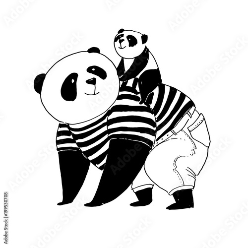 Father panda in black and white t-shirt going far a walk with his little son panda on his back