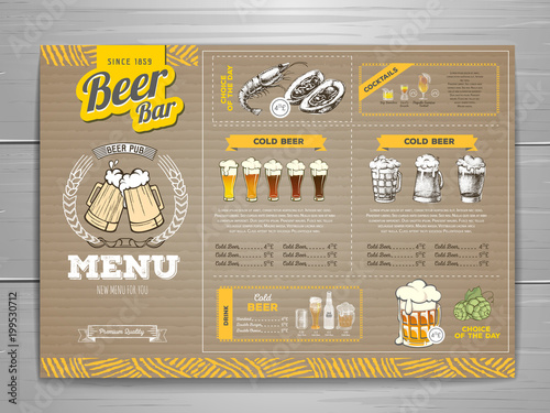 Vintage beer menu design on cardboard background.