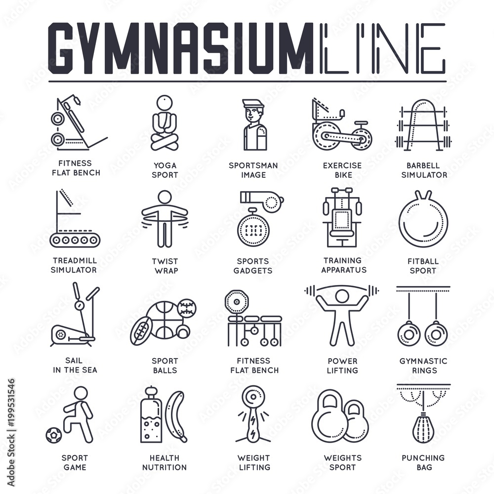 Naklejka premium Thin line sporty men and women doing exercises and working out in gymnasium. Flat outline people working out in sport gym vector illustration concept.
