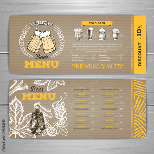 Vintage beer menu design on cardboard background.