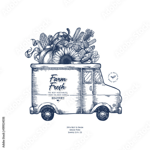 Farm fresh delivery design template. Classic food truck with organic vegetables. Vector illustration