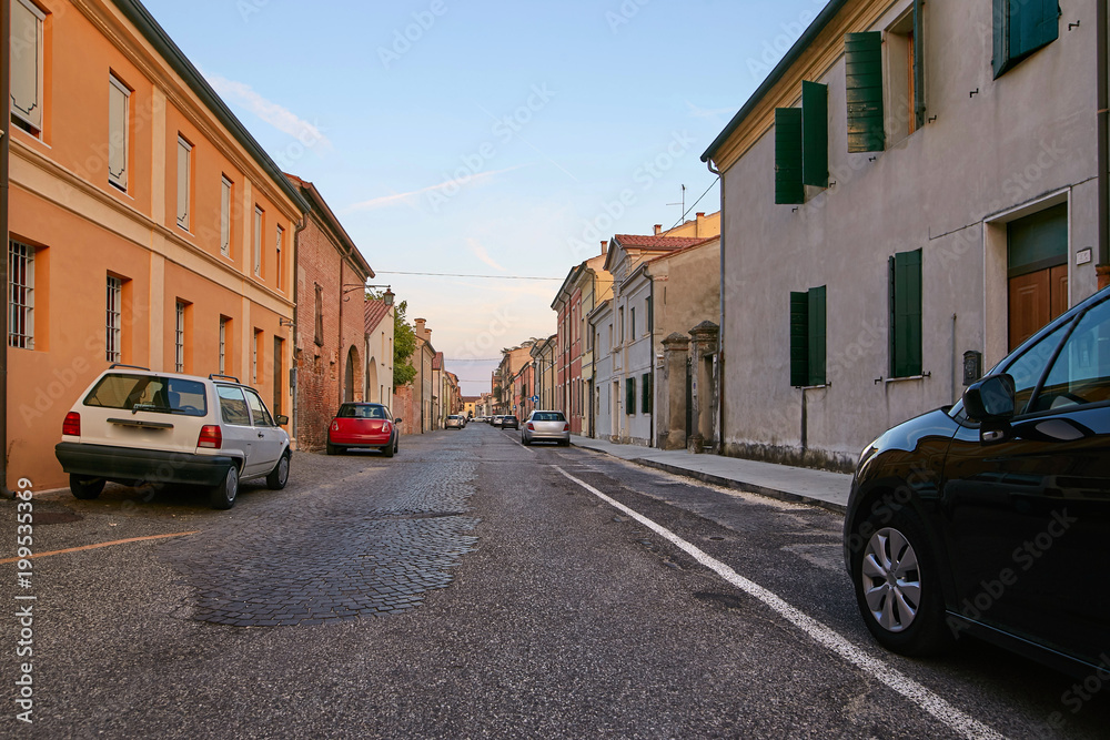 Montagnana, Italy - August 25, 2017: parking spaces for private cars of city residents.