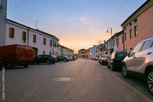 Montagnana, Italy - August 25, 2017: Alberti Street in the evening at sunset.