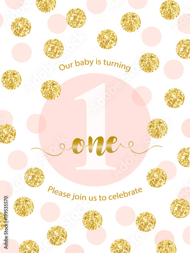 Cute baby first birthday card with golden glitter confetti for your decoration. Birthday card with metallic texture dots